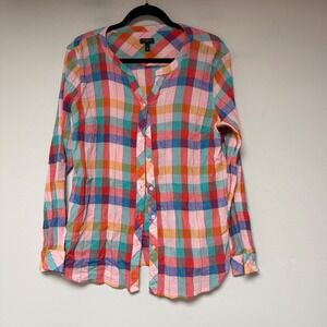 Talbots Plaid Button Front Blouse Womens LP Multi-Color Excellent Cotton Madras